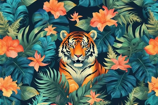 Tropical exotic pattern with animal and flowers in bright colors and lush vegetation. Ai Generative