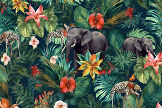 Tropical exotic pattern with animal and flowers in bright colors and lush vegetation. Ai Generative