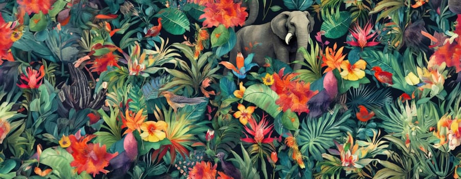 Tropical exotic pattern with animal and flowers in bright colors and lush vegetation. Ai Generative