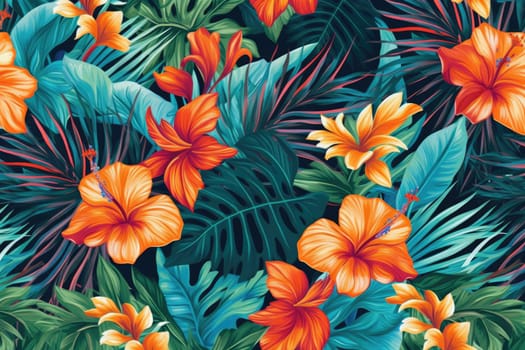 Tropical exotic pattern with animal and flowers in bright colors and lush vegetation. Ai Generative