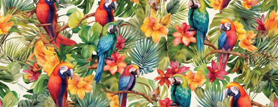 Tropical exotic pattern with animal and flowers in bright colors and lush vegetation. Ai Generative