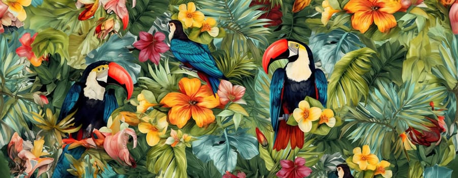 Tropical exotic pattern with animal and flowers in bright colors and lush vegetation. Ai Generative