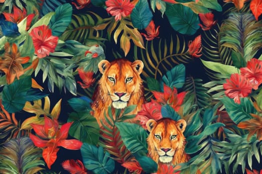 Tropical exotic pattern with animal and flowers in bright colors and lush vegetation. Ai Generative