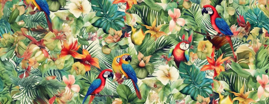 Tropical exotic pattern with animal and flowers in bright colors and lush vegetation. Ai Generative