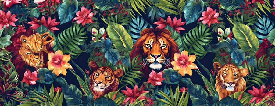 Tropical exotic pattern with animal and flowers in bright colors and lush vegetation. Ai Generative