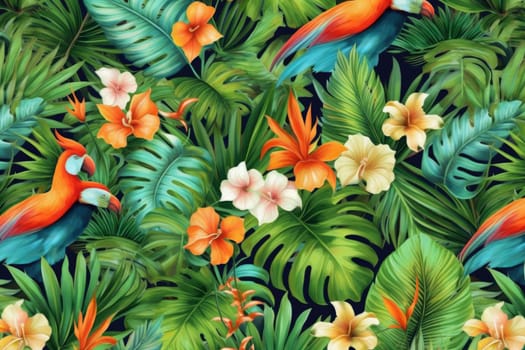 Tropical exotic pattern with animal and flowers in bright colors and lush vegetation. Ai Generative