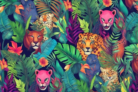 Tropical exotic pattern with animal and flowers in bright colors and lush vegetation. Ai Generative