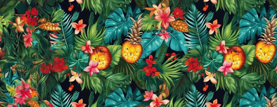 Tropical exotic pattern with animal and flowers in bright colors and lush vegetation. Ai Generative