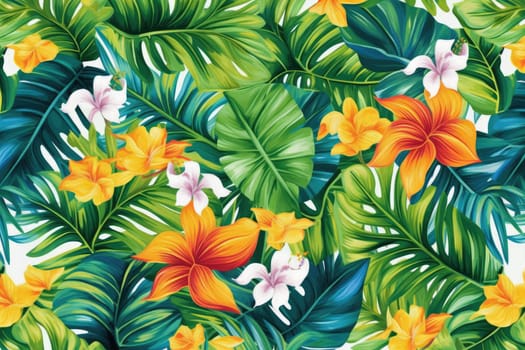 Tropical exotic pattern with animal and flowers in bright colors and lush vegetation. Ai Generative