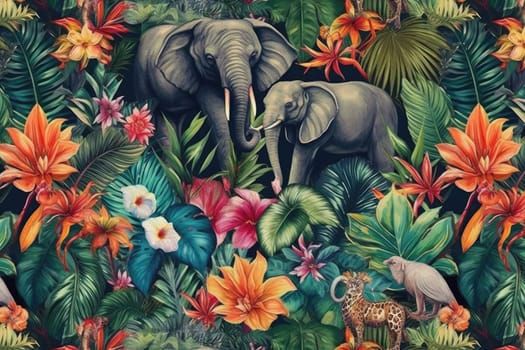 Tropical exotic pattern with animal and flowers in bright colors and lush vegetation. Ai Generative