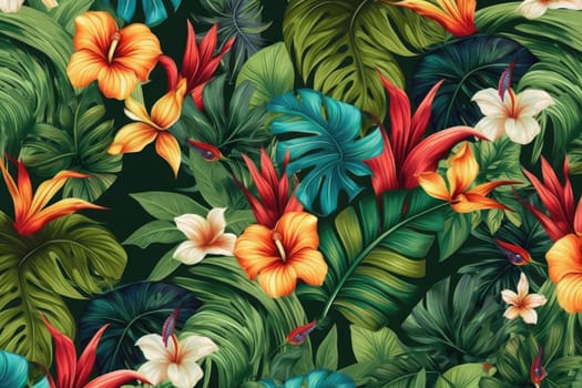 Tropical exotic pattern with animal and flowers in bright colors and lush vegetation. Ai Generative