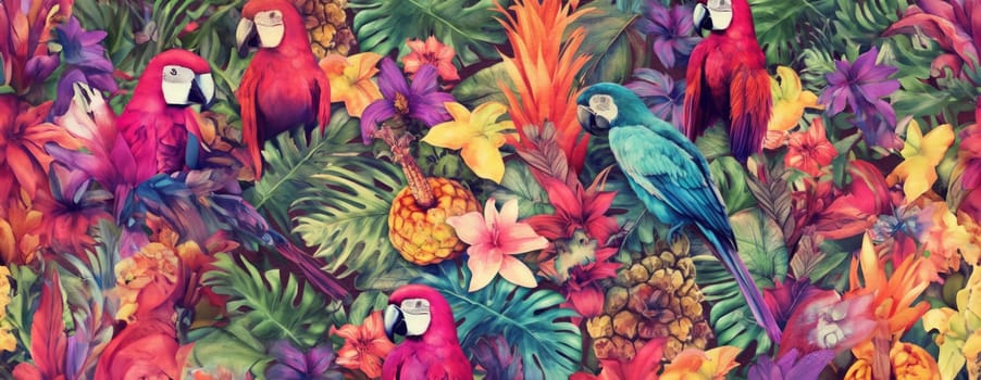 Tropical exotic pattern with animal and flowers in bright colors and lush vegetation. Ai Generative