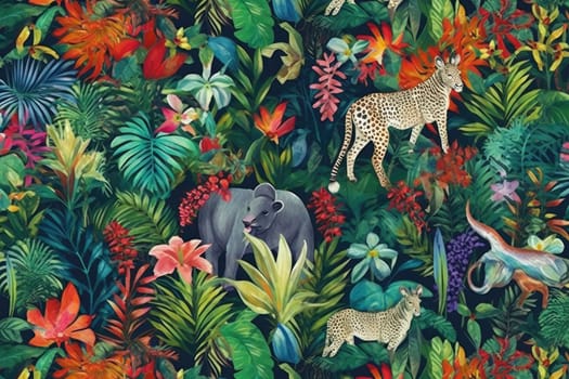 Tropical exotic pattern with animal and flowers in bright colors and lush vegetation. Ai Generative