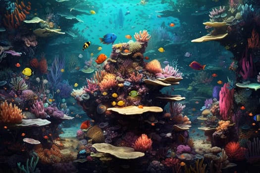 Tropical sea underwater fishes on coral reef. Aquarium oceanarium wildlife colorful marine panorama landscape nature snorkel diving. AI Generative