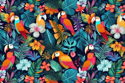 Tropical exotic pattern with animal and flowers in bright colors and lush vegetation. Ai Generative