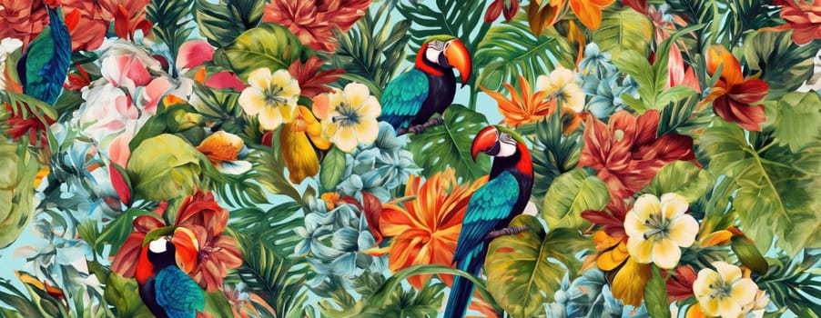 Tropical exotic pattern with animal and flowers in bright colors and lush vegetation. Ai Generative