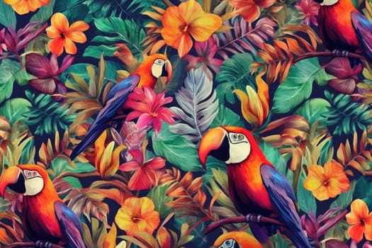 Tropical exotic pattern with animal and flowers in bright colors and lush vegetation. Ai Generative