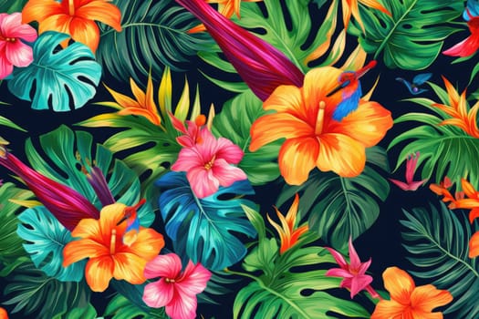 Tropical exotic pattern with animal and flowers in bright colors and lush vegetation. Ai Generative