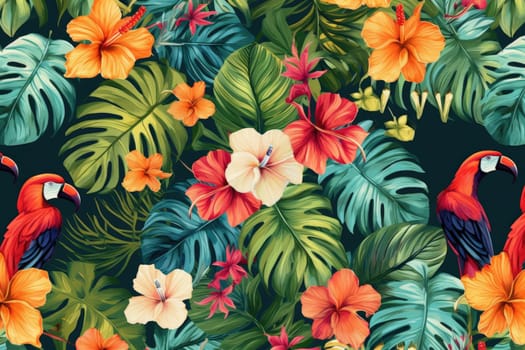 Tropical exotic pattern with animal and flowers in bright colors and lush vegetation. Ai Generative