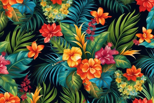 Tropical exotic pattern with animal and flowers in bright colors and lush vegetation. Ai Generative