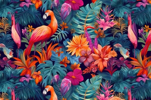 Tropical exotic pattern with animal and flowers in bright colors and lush vegetation. Ai Generative