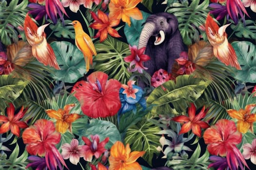 Tropical exotic pattern with animal and flowers in bright colors and lush vegetation. Ai Generative