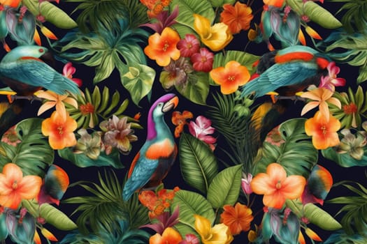 Tropical exotic pattern with animal and flowers in bright colors and lush vegetation. Ai Generative