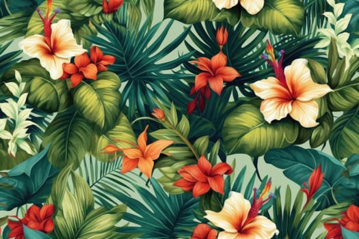 Tropical exotic pattern with animal and flowers in bright colors and lush vegetation. Ai Generative