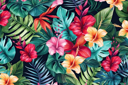 Tropical exotic pattern with animal and flowers in bright colors and lush vegetation. Ai Generative