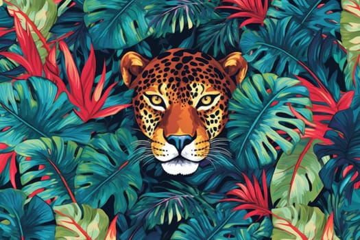 Tropical exotic pattern with animal and flowers in bright colors and lush vegetation. Ai Generative