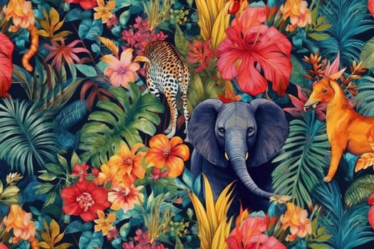 Tropical exotic pattern with animal and flowers in bright colors and lush vegetation. Ai Generative