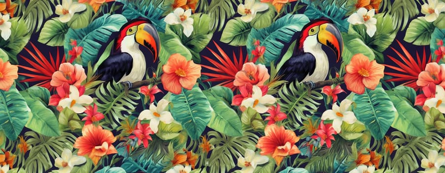 Tropical exotic pattern with animal and flowers in bright colors and lush vegetation. Ai Generative