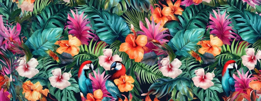 Tropical exotic pattern with animal and flowers in bright colors and lush vegetation. Ai Generative