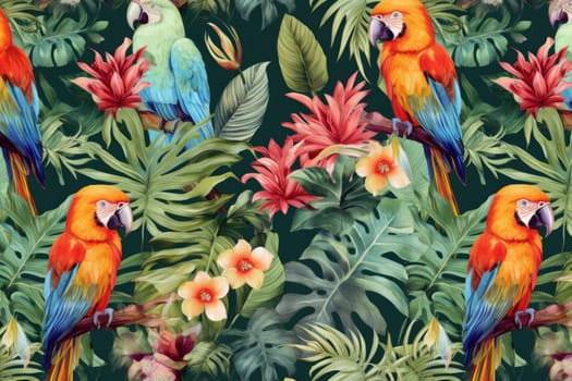 Tropical exotic pattern with animal and flowers in bright colors and lush vegetation. Ai Generative