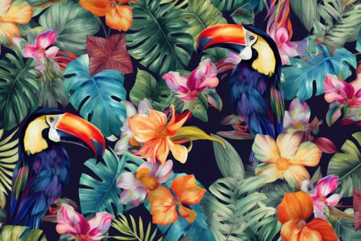 Tropical exotic pattern with animal and flowers in bright colors and lush vegetation. Ai Generative