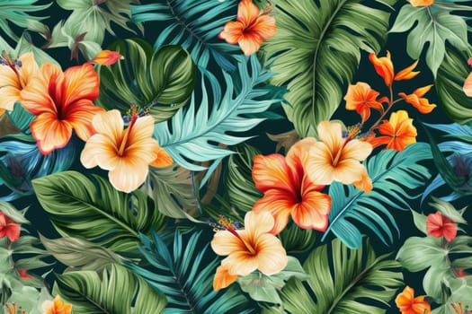 Tropical exotic pattern with animal and flowers in bright colors and lush vegetation. Ai Generative