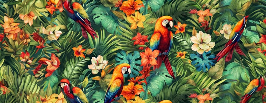 Tropical exotic pattern with animal and flowers in bright colors and lush vegetation. Ai Generative