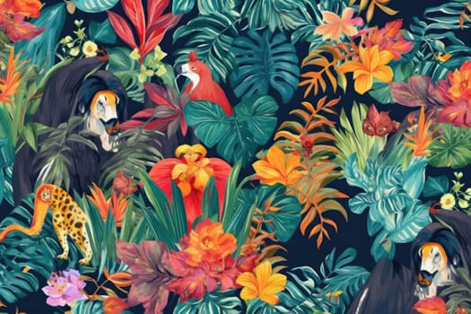 Tropical exotic pattern with animal and flowers in bright colors and lush vegetation. Ai Generative