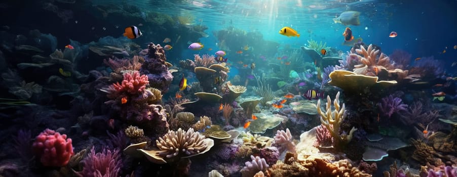 Tropical sea underwater fishes on coral reef. Aquarium oceanarium wildlife colorful marine panorama landscape nature snorkel diving. AI Generative