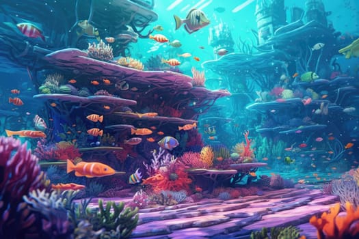 Tropical sea underwater fishes on coral reef. Aquarium oceanarium wildlife colorful marine panorama landscape nature snorkel diving. AI Generative