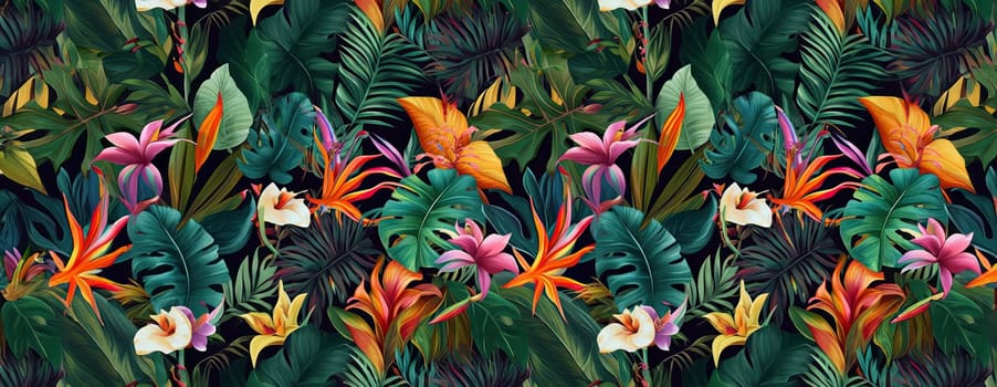 Tropical exotic pattern with animal and flowers in bright colors and lush vegetation. Ai Generative