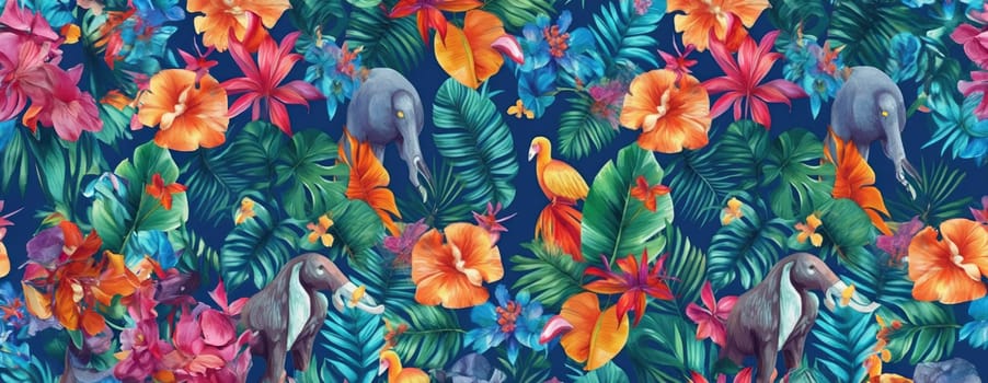 Tropical exotic pattern with animal and flowers in bright colors and lush vegetation. Ai Generative