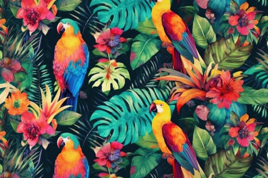 Tropical exotic pattern with animal and flowers in bright colors and lush vegetation. Ai Generative