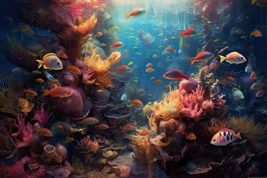 Tropical sea underwater fishes on coral reef. Aquarium oceanarium wildlife colorful marine panorama landscape nature snorkel diving. AI Generative