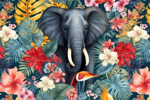 Tropical exotic pattern with animal and flowers in bright colors and lush vegetation. Ai Generative