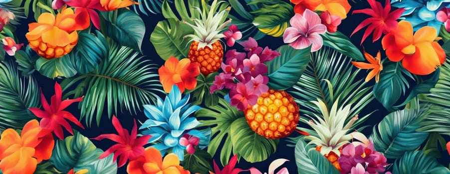 Tropical exotic pattern with animal and flowers in bright colors and lush vegetation. Ai Generative