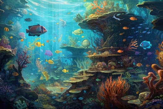 Tropical sea underwater fishes on coral reef. Aquarium oceanarium wildlife colorful marine panorama landscape nature snorkel diving. AI Generative