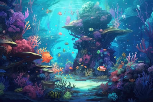 Tropical sea underwater fishes on coral reef. Aquarium oceanarium wildlife colorful marine panorama landscape nature snorkel diving. AI Generative