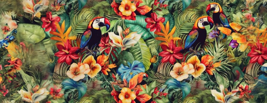 Tropical exotic pattern with animal and flowers in bright colors and lush vegetation. Ai Generative