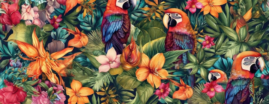 Tropical exotic pattern with animal and flowers in bright colors and lush vegetation. Ai Generative